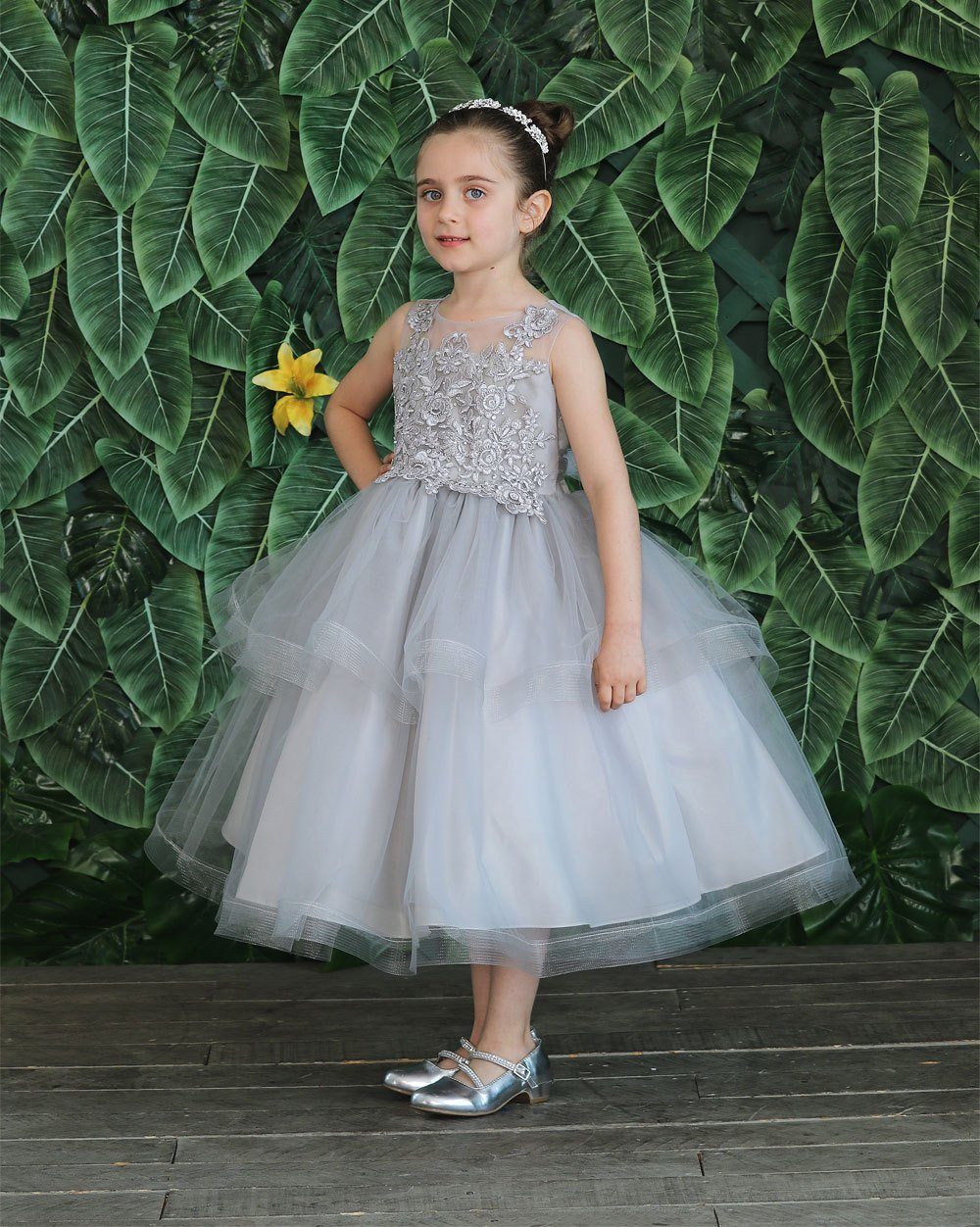 Girls Tea Length Tulle Dress with Embroidered Bodice by Calla D792