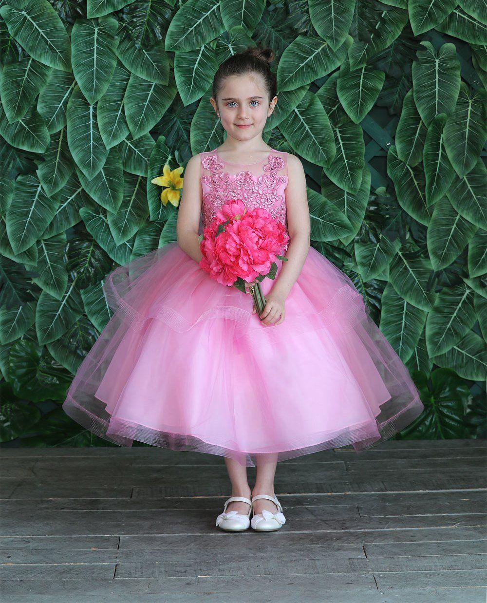 Girls Tea Length Tulle Dress with Embroidered Bodice by Calla D792