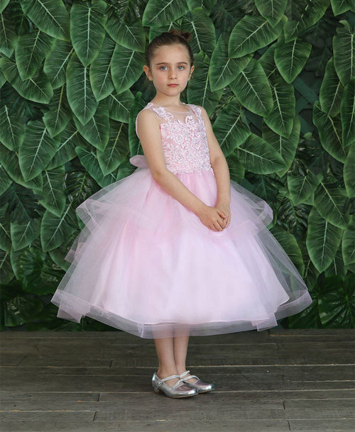 Girls Tea Length Tulle Dress with Embroidered Bodice by Calla D792