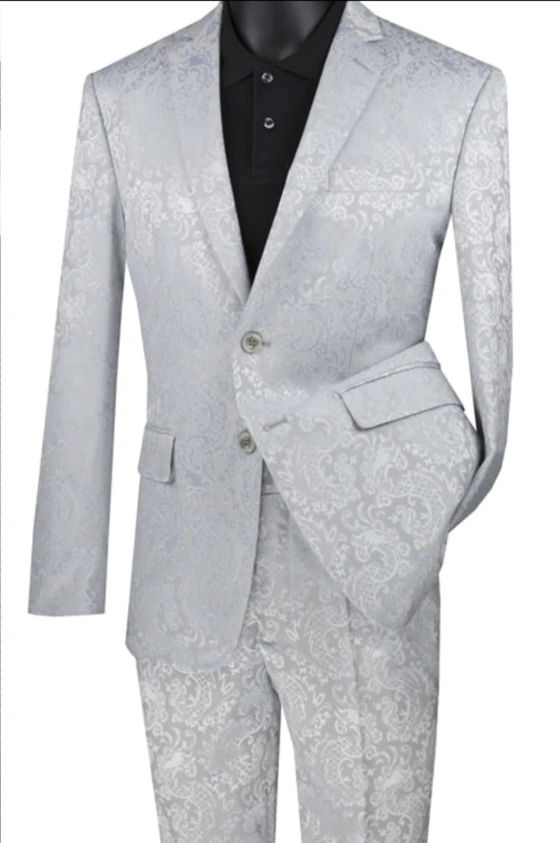 Men's Silver Grey Paisley Slim Fit Suit from Vinci Suits