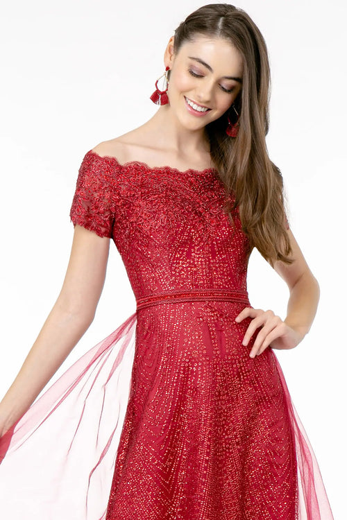 Embroidered Off Shoulder Glitter Gown by Elizabeth KGL2942