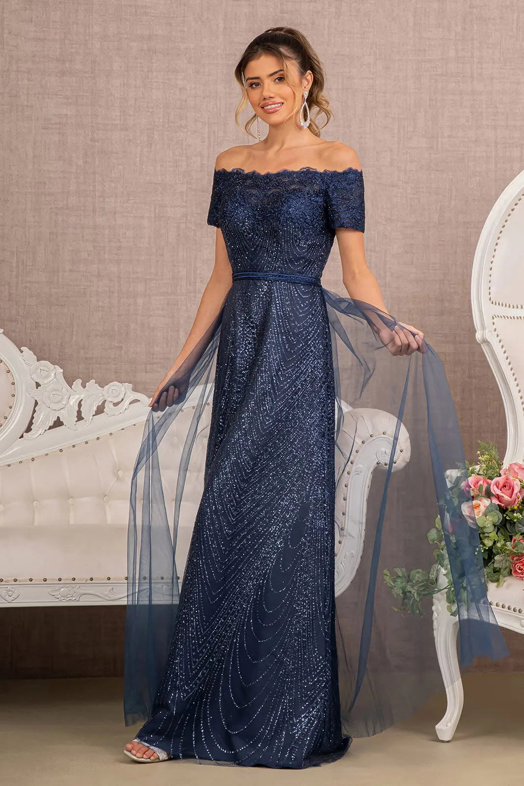 Embroidered Off Shoulder Glitter Gown by Elizabeth KGL2942