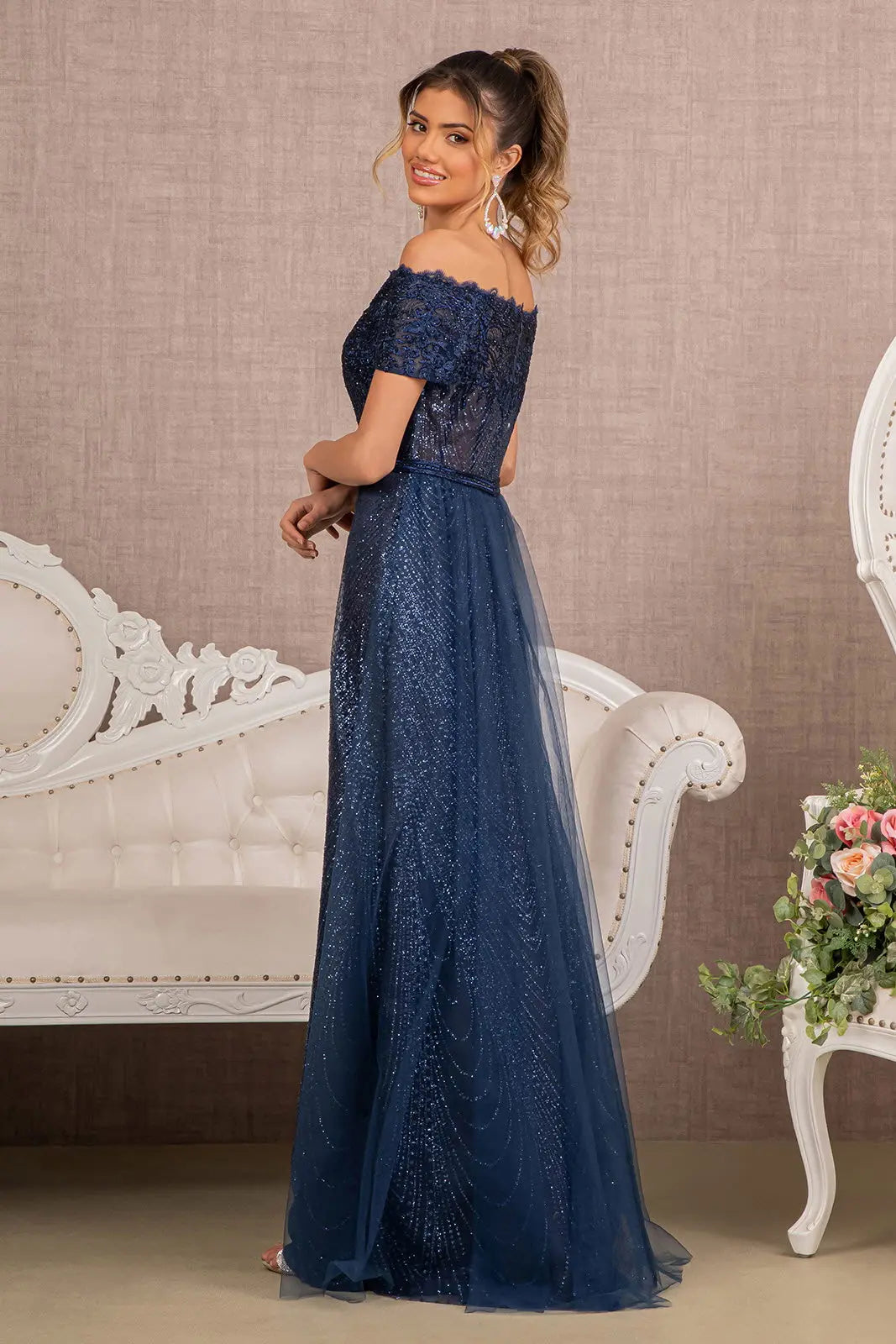Embroidered Off Shoulder Glitter Gown by Elizabeth KGL2942