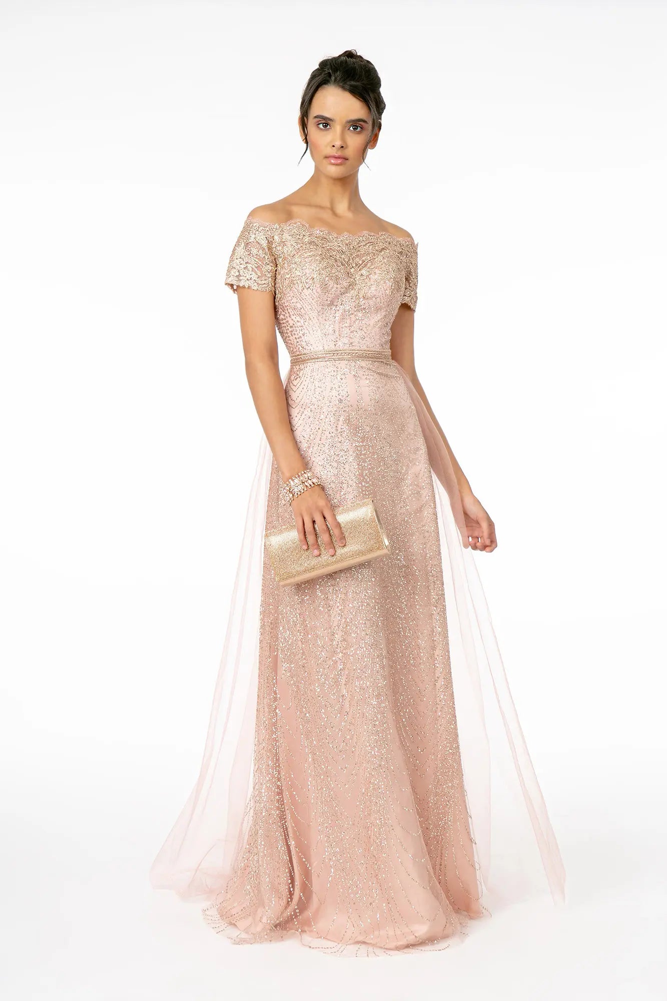 Embroidered Off Shoulder Glitter Gown by Elizabeth KGL2942