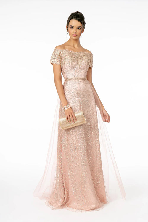 Embroidered Off Shoulder Glitter Gown by Elizabeth KGL2942