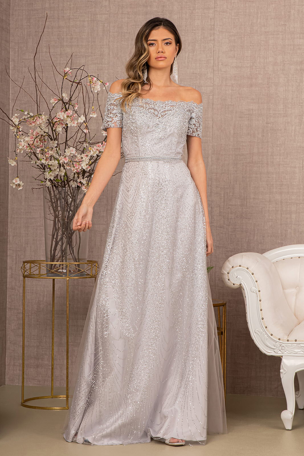 Embroidered Off Shoulder Glitter Gown by Elizabeth KGL2942