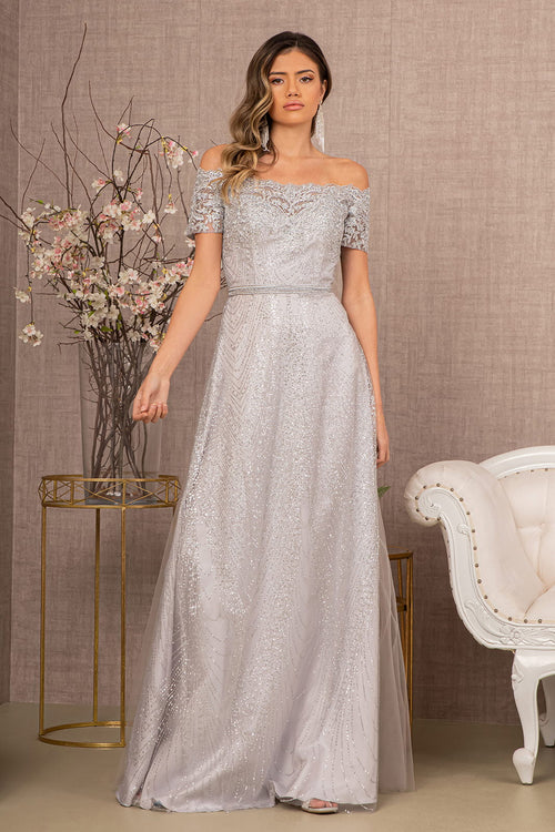 Embroidered Off Shoulder Glitter Gown by Elizabeth KGL2942