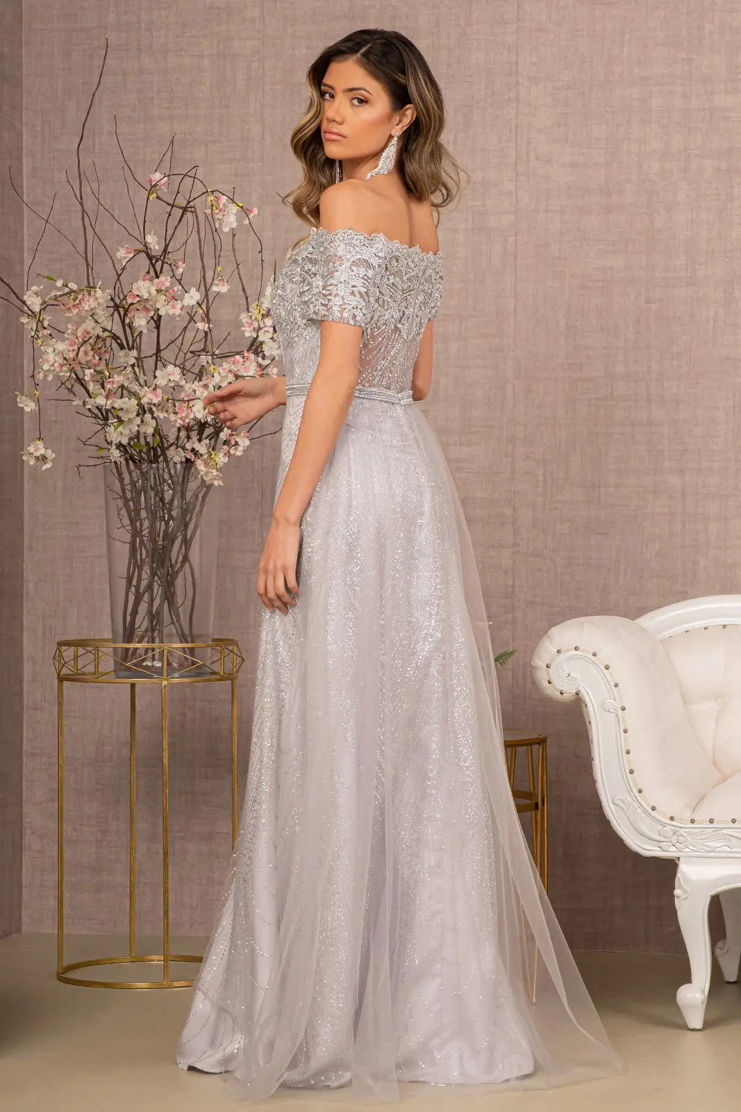 Embroidered Off Shoulder Glitter Gown by Elizabeth KGL2942