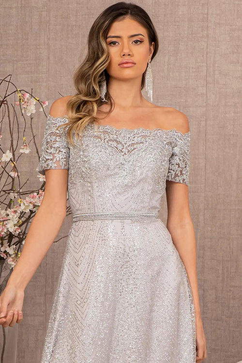 Embroidered Off Shoulder Glitter Gown by Elizabeth KGL2942