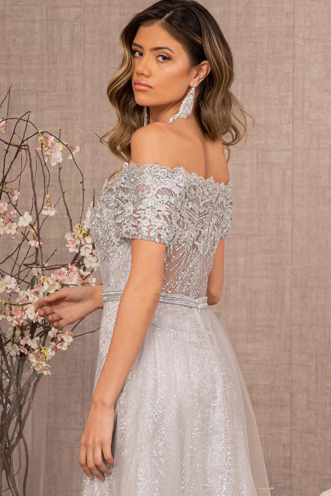 Embroidered Off Shoulder Glitter Gown by Elizabeth KGL2942