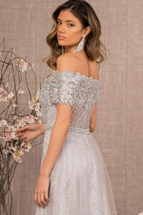 Embroidered Off Shoulder Glitter Gown by Elizabeth KGL2942