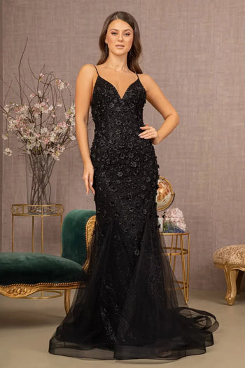 Vestido de sirena con apliques florales 3D de Elizabeth K GL3000