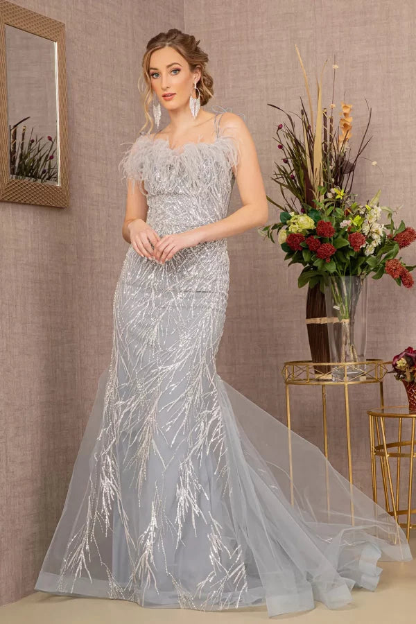 Clearance Silver Size XL Feather Sequin Mermaid Evening Dress by GLS GL3117