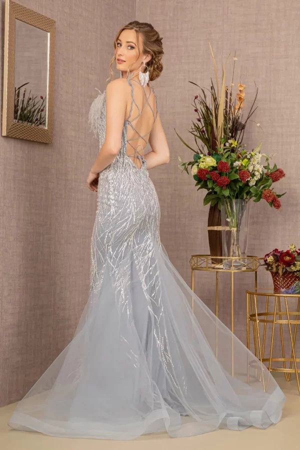Clearance Silver Size XL Feather Sequin Mermaid Evening Dress by GLS GL3117