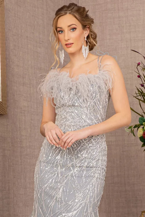 Clearance Silver Size XL Feather Sequin Mermaid Evening Dress by GLS GL3117