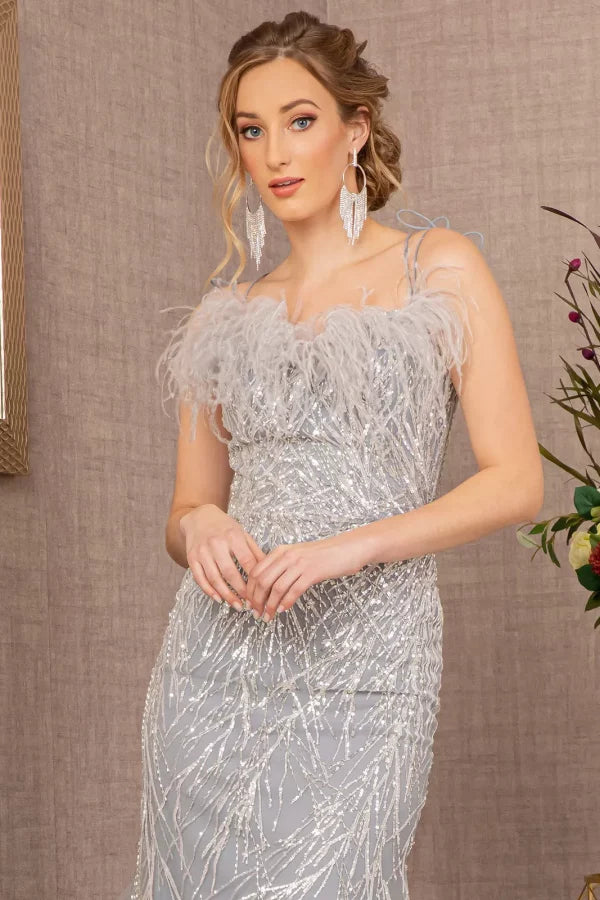 Clearance Silver Size XL Feather Sequin Mermaid Evening Dress by GLS GL3117
