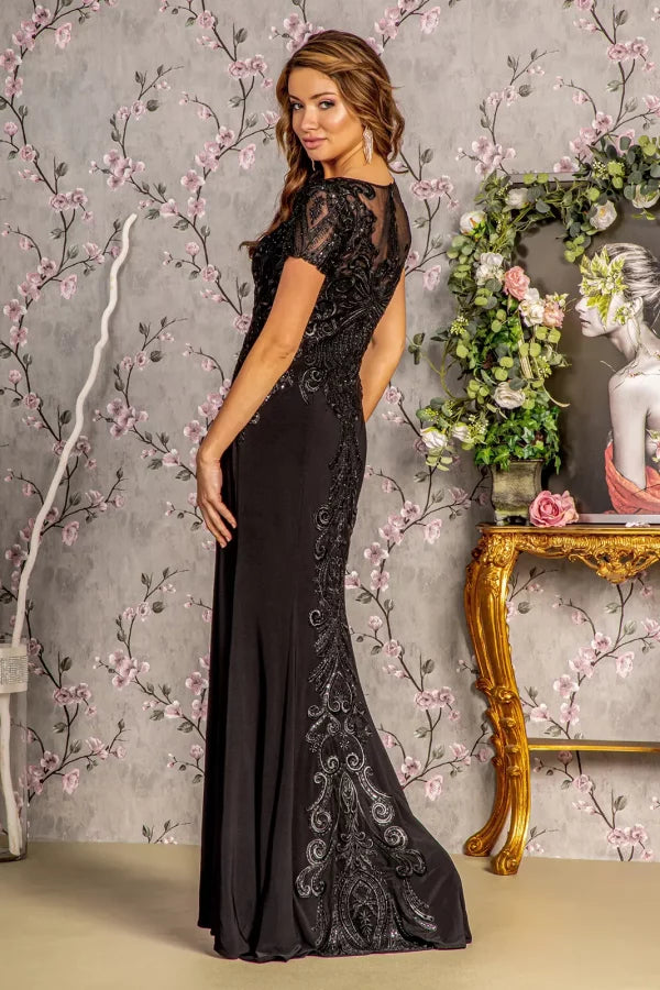 Clearance Black Size 4XL Beaded Mermaid Mother of the Bride Dress with Short Sleeves by GLS GL3361