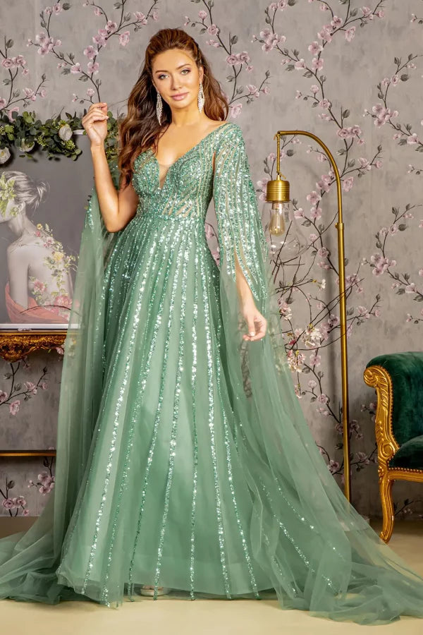 Clearance Sage Size XL A-Line Mother of the Bride Dress with Cape Sleeves by GLS GL3494