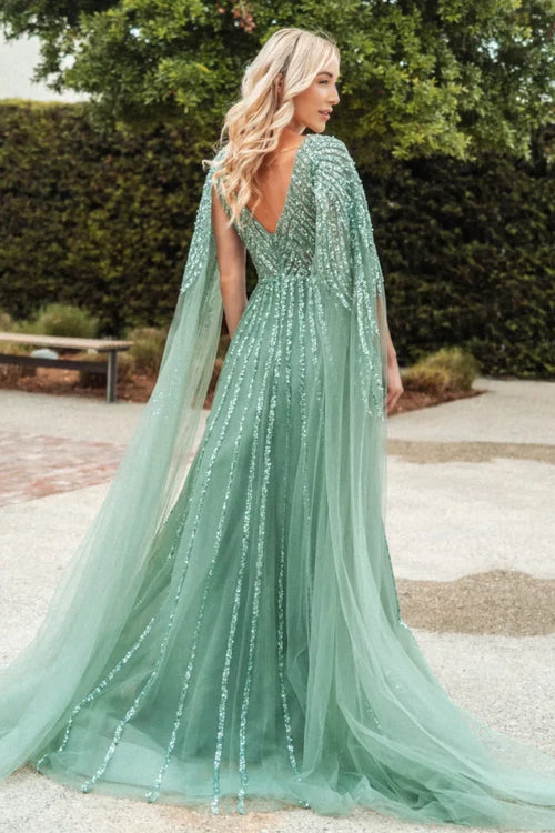 Clearance Sage Size XL A-Line Mother of the Bride Dress with Cape Sleeves by GLS GL3494