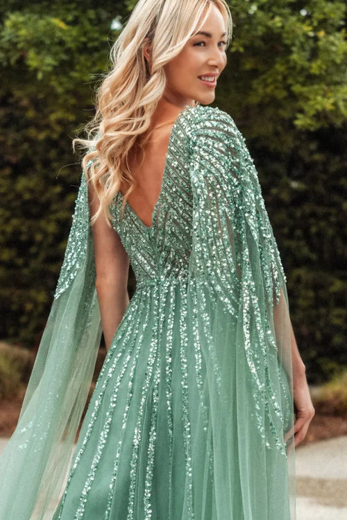 Clearance Sage Size XL A-Line Mother of the Bride Dress with Cape Sleeves by GLS GL3494