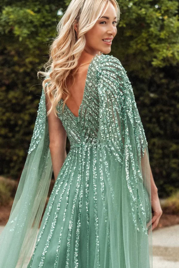Clearance Sage Size XL A-Line Mother of the Bride Dress with Cape Sleeves by GLS GL3494