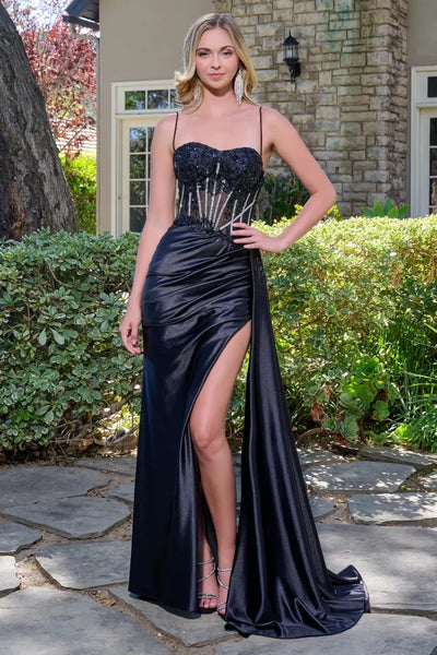 Prom Dress with Beaded Bodice & High Slit Spaghetti Strap Formal Gown by Elizabeth K GL3619