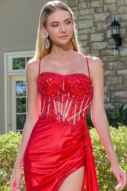 Prom Dress with Beaded Bodice & High Slit Spaghetti Strap Formal Gown by Elizabeth K GL3619
