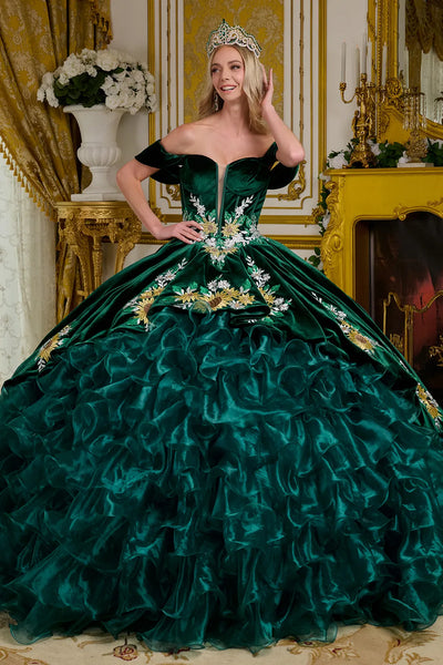 Emerald Green Charro Quinceanera Dress Sweetheart Ruffled Ball Gown by Elizabeth K GL3637