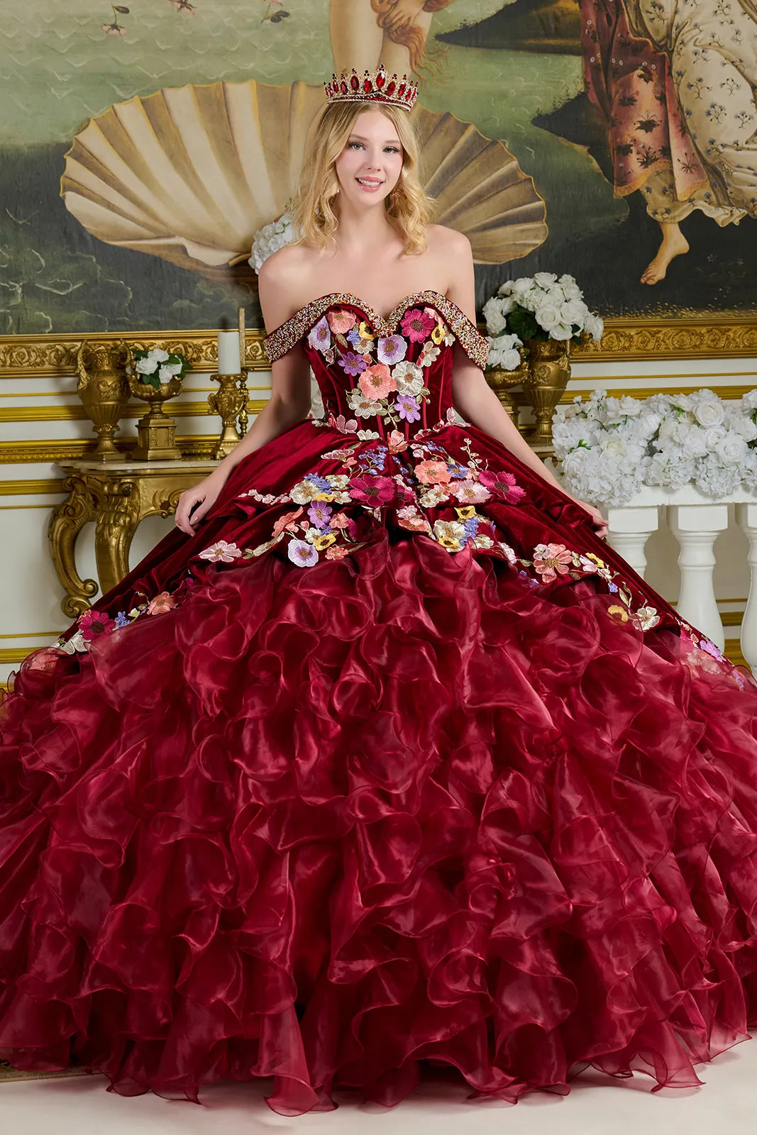 Elizabeth K Off Shoulder Ruffled Ball Gown