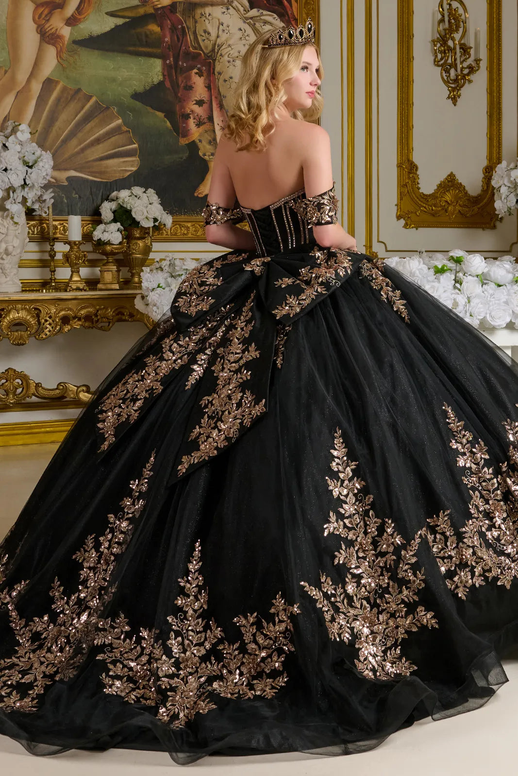 off the shoulder black tie dress Long Formal Ball Gown the soft satin skirt is gathered at the hip to enhance your curves and flows into a floor Lady Black Tie - Freya
