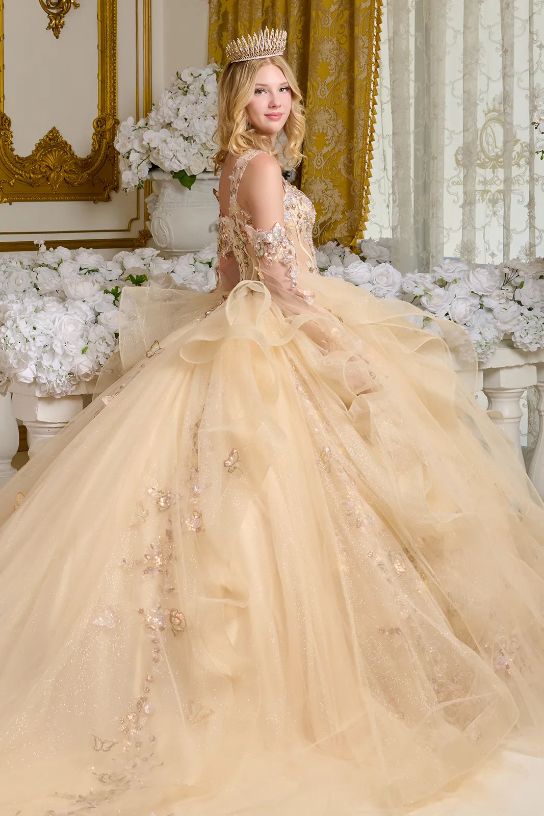 V-Neck Ruffled Ball Gown Elizabeth K GL3648