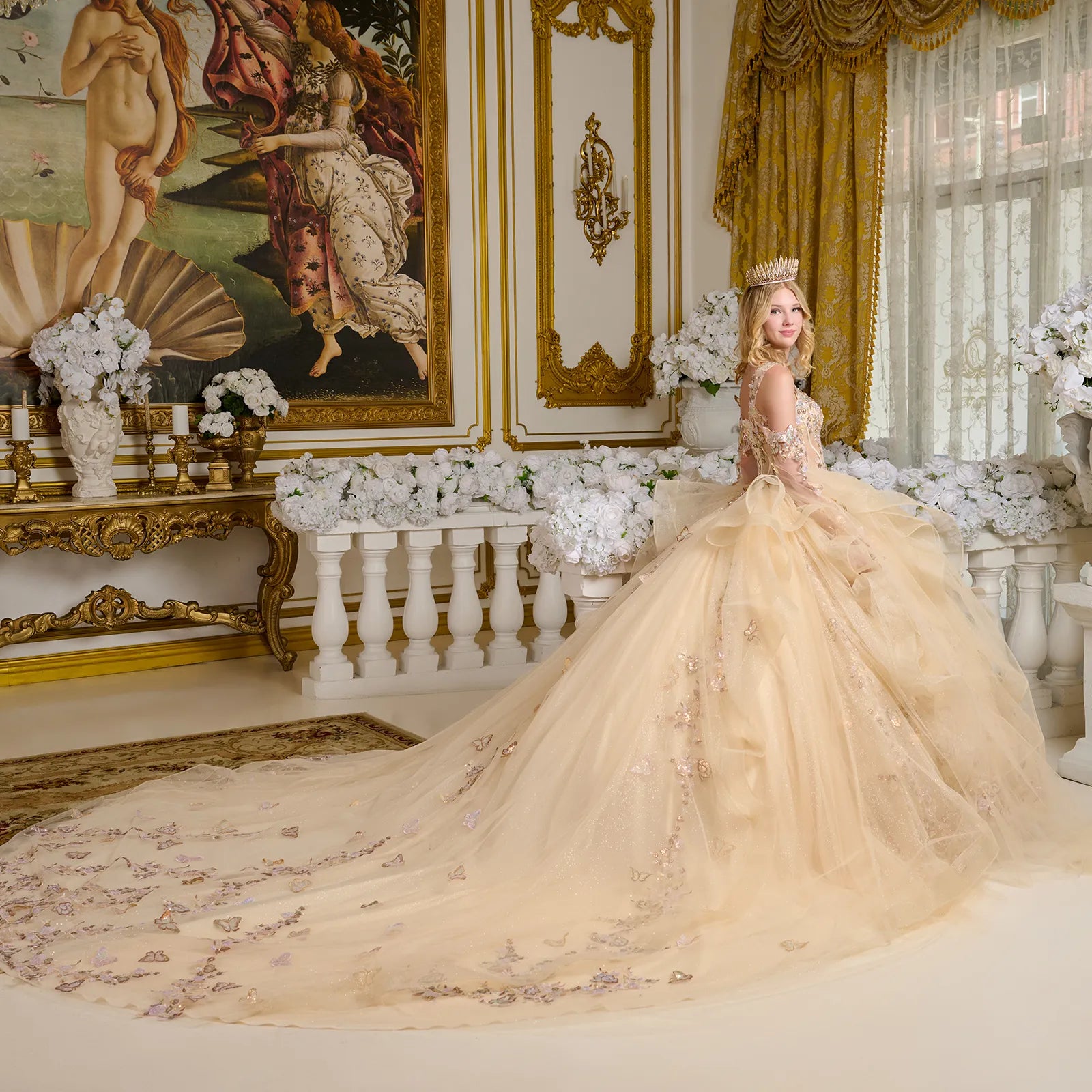 V-Neck Ruffled Ball Gown Elizabeth K GL3648