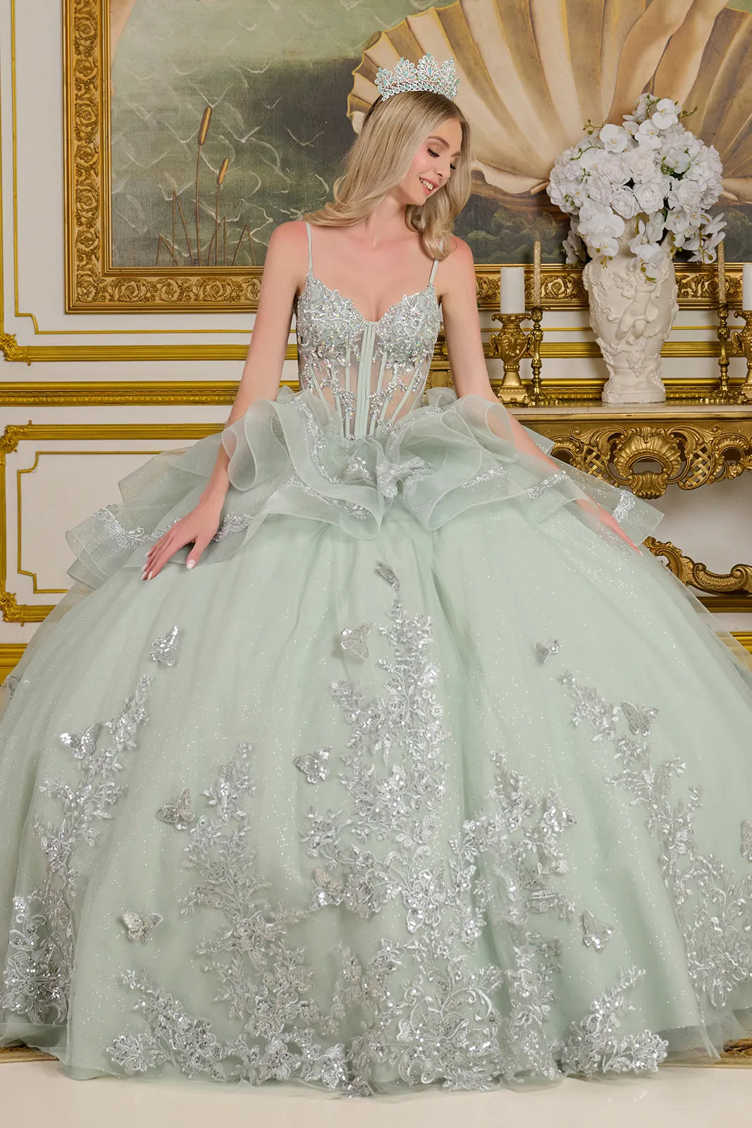 Elizabeth K V-Neck Ruffled Ball Gown GL3649