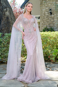 Dusty Rose Cape Sleeve Fitted Prom Dress Queen Anne Neckline Sequin Gown by Elizabeth K GL3664
