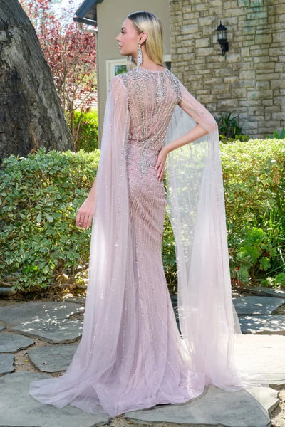 Dusty Rose Cape Sleeve Fitted Prom Dress Queen Anne Neckline Sequin Gown by Elizabeth K GL3664