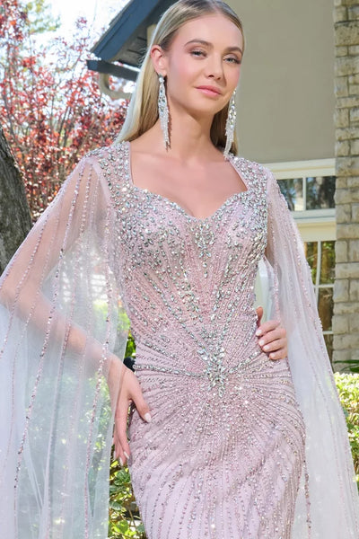Dusty Rose Cape Sleeve Fitted Prom Dress Queen Anne Neckline Sequin Gown by Elizabeth K GL3664