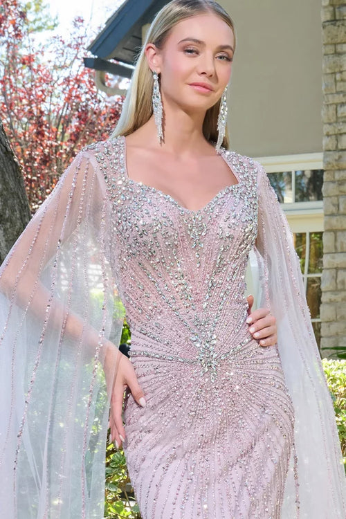 Dusty Rose Cape Sleeve Fitted Prom Dress Queen Anne Neckline Sequin Gown by Elizabeth K GL3664