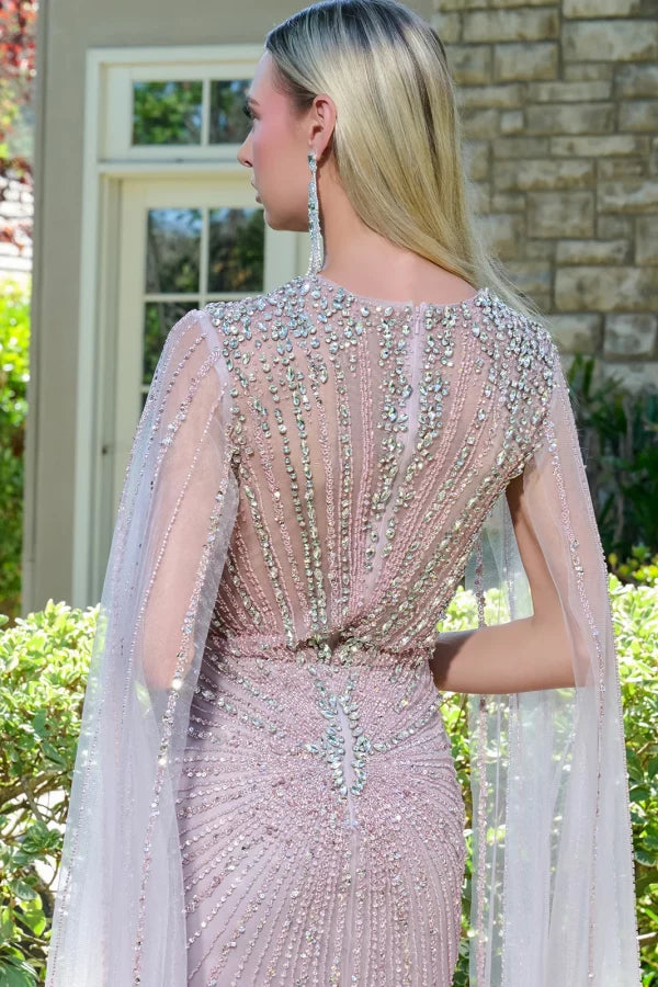 Dusty Rose Cape Sleeve Fitted Prom Dress Queen Anne Neckline Sequin Gown by Elizabeth K GL3664