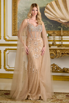 Beaded Fitted Gown V-Neck Sequin Formal Dress with Detachable Cape Sleeves by Elizabeth K GL3665