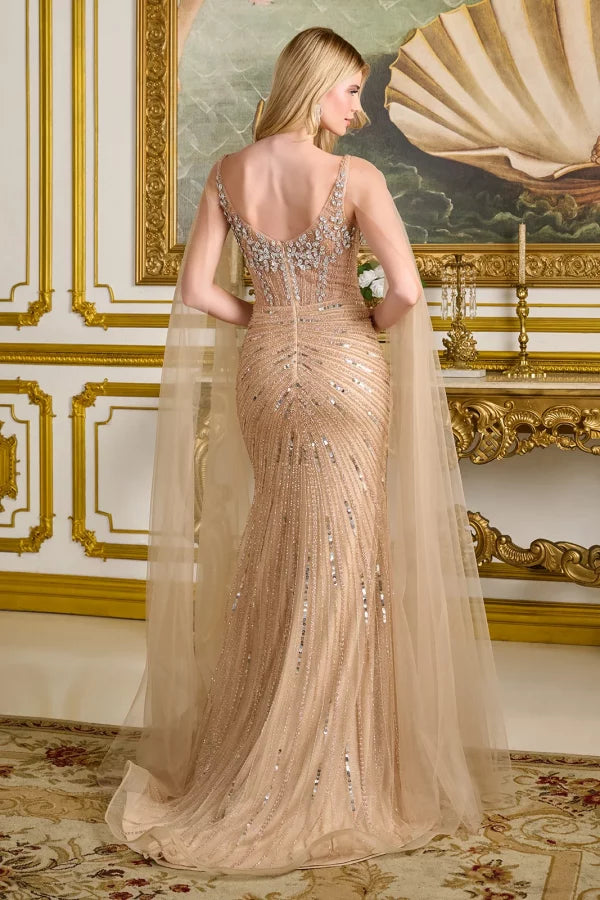 Beaded Fitted Gown V-Neck Sequin Formal Dress with Detachable Cape Sleeves by Elizabeth K GL3665