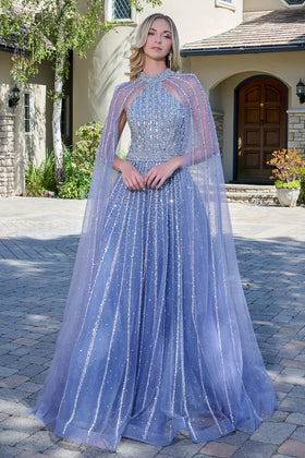 Dusty Blue Beaded A-Line Prom Dress Halter Cape Sleeve Floor-Length Gown by Elizabeth K GL3669