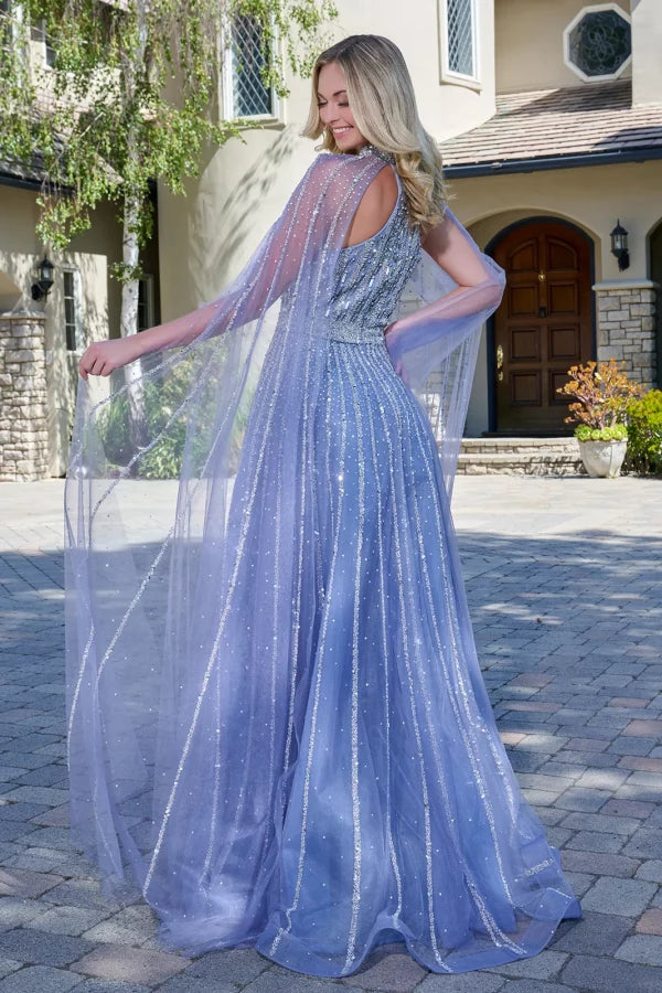 Dusty Blue Beaded A-Line Prom Dress Halter Cape Sleeve Floor-Length Gown by Elizabeth K GL3669