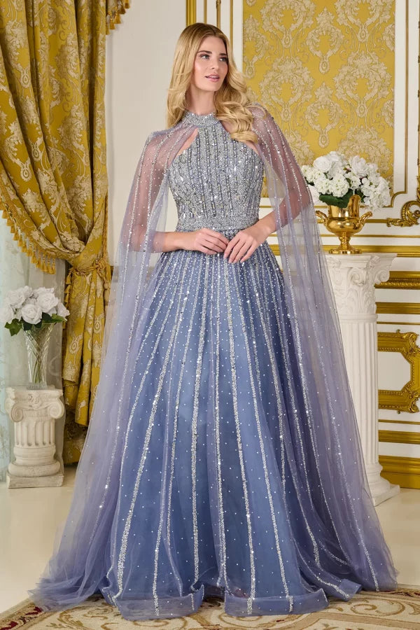Dusty Blue Beaded A-Line Prom Dress Halter Cape Sleeve Floor-Length Gown by Elizabeth K GL3669