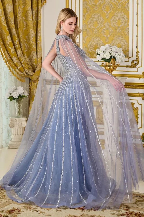Dusty Blue Beaded A-Line Prom Dress Halter Cape Sleeve Floor-Length Gown by Elizabeth K GL3669