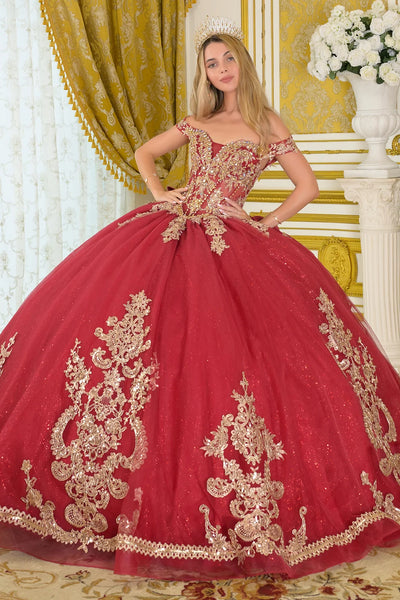 Elizabeth K BURGUNDY/GOLD Glitter Tulle, Mesh Ball Gown Quinceanera Dresses