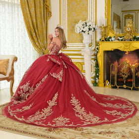 Off-Shoulder Sweetheart Beaded Lace Appliqué Ball Gown in Burgundy/Gold by Elizabeth K GL3673