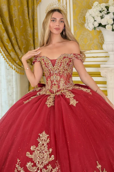 Elizabeth K BURGUNDY/GOLD Glitter Tulle, Mesh Ball Gown Quinceanera Dresses