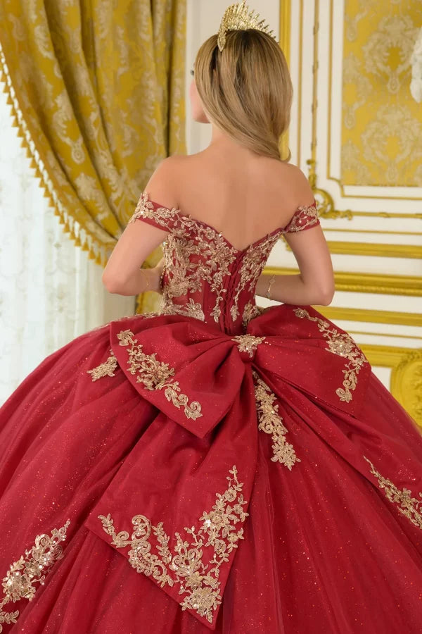 Elizabeth K BURGUNDY/GOLD Glitter Tulle, Mesh Ball Gown Quinceanera Dresses