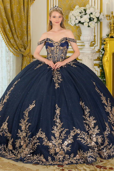 Elizabeth K NAVY/GOLD Satin, Glitter Mesh Ball Gown Quinceanera Dresses