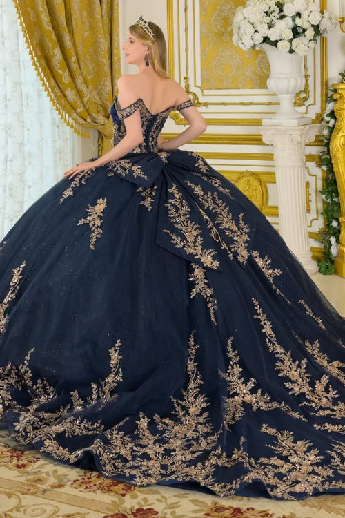 Elizabeth K NAVY/GOLD Satin, Glitter Mesh Ball Gown Quinceanera Dresses
